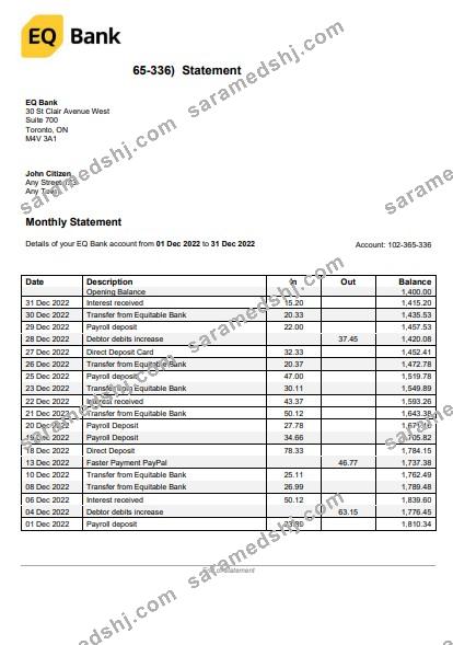USA Ontario EQ Bank statement Word and PDF template